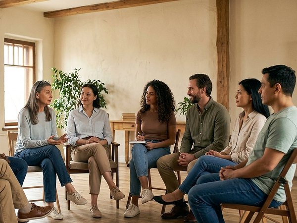 Seven adults seated in a semicircle in a bright, warm practice room. The facilitator, a woman with grey hair, is speaking; the group is listening.
