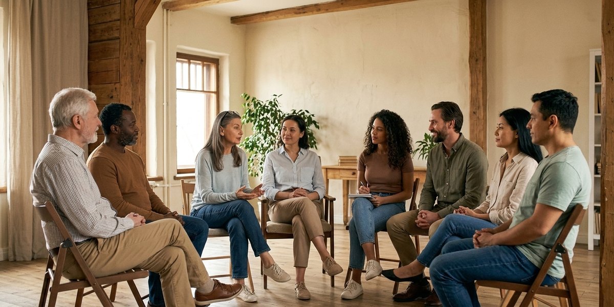 Seven adults seated in a semicircle in a bright, warm practice room. The facilitator, a woman with grey hair, is speaking; the group is listening.
