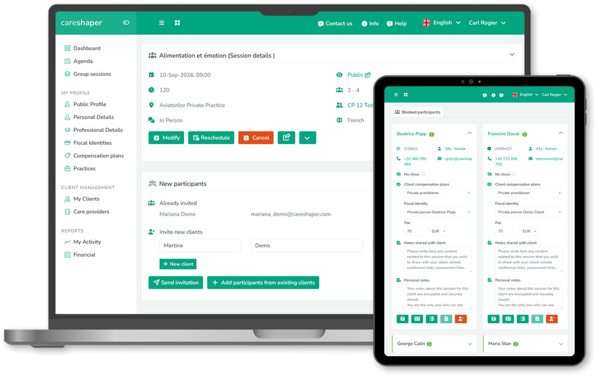 A group session open in CareShaper on a laptop - date, duration, place, public or private and the number of places - with the booked participants beside it on a tablet, each on their own card with fee, compensation plan and notes.